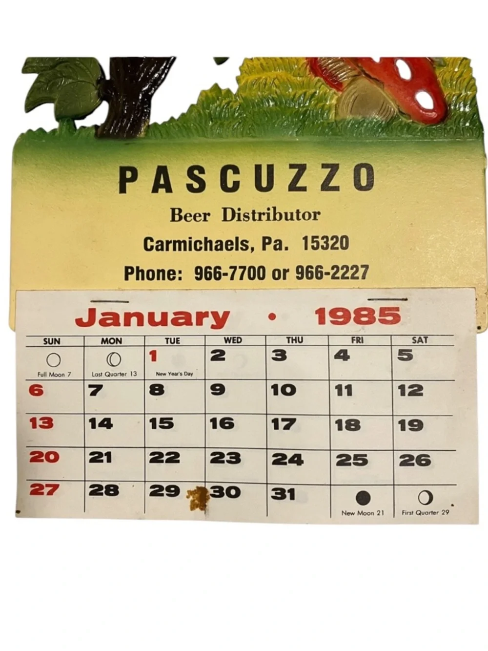 Vintage 1985 Birds Bird House Die Cut Calendar Advertising Pascuzzo Beer Distrib